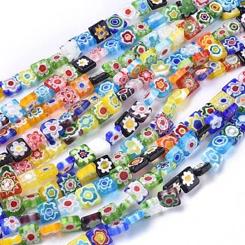Square Handmade Millefiori Glass Beads, Mixed Color, 8x8x3mm, Hole: 0.5mm, about 48pcs/strand, 14.9 inch