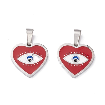 304 Stainless Steel Enamel Pendants, Heart with Eye, Stainless Steel Color, 15x15x1.5mm, Hole: 5x2.5mm