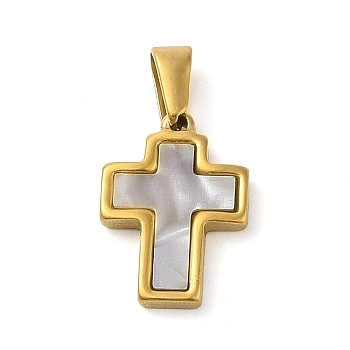 Resin Imitation White Shell Pendants, Golden Tone 304 Stainless Steel Charms, Cross, 16x11.5x2mm, Hole: 5.5x2mm
