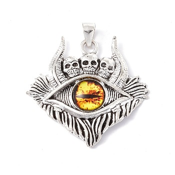 Glass Pendants, with Antique Silver Plated Alloy Findings, Skull with Evil Eye, Gold, 37.5x39x6mm, Hole: 6x4mm