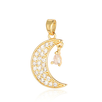 Brass Micro Pave Clear Cubic Zirconia Pendants, Moon Charms, Real 18K Gold Plated, 20x12x1.8mm