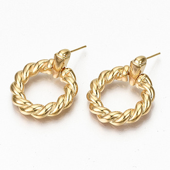 Brass Dangle Stud Earring, Twist Ring, Nickel Free, Real 18K Gold Plated, 29.5x24mm, Pin: 0.7mm