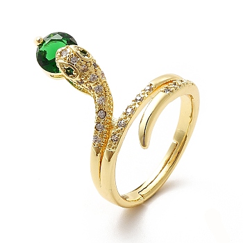 Cubic Zirconia Snake with Glass Wrap Adjustable Ring, Real 18K Gold Plated Brass Jewelry for Women, Green, US Size 7 3/4(17.9mm)