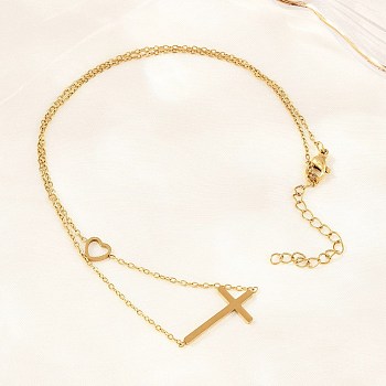 Religion 304 Stainless Steel Heart Cross Link Chain Necklaces, Ion Plating(IP), Long-Lasting Plated, Golden, 18.50 inch(47cm)