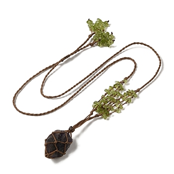Natural Amethyst Braided Bead Pendant Necklacess, with Peridot Chips, Wax Rope Pouch Adjustable Necklaces, 27.24~29.84 inch(69.2~75.8cm)
