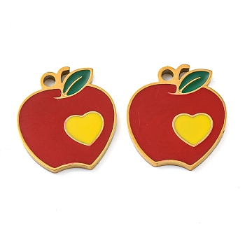 316 Surgical Stainless Steel Charms, with Enamel, Apple with Heart Charm, Golden, 14.5x13x1.2mm, Hole: 1.3mm