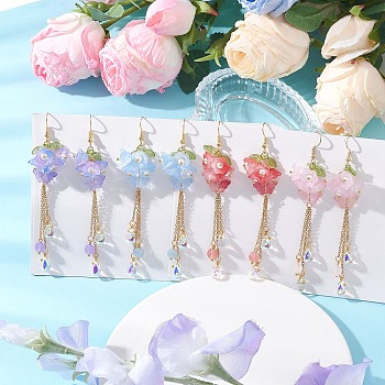 Transparent Two Tone Spray Painted Glass & Acrylic Dangle Earrings, with Natural & Dyed Malaysia Jade Bead, Butterfly with Flower, Golden, Mixed Color, 99mm