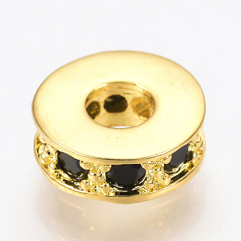 Brass Micro Pave Cubic Zirconia Beads, Flat Round, Black, Golden, 7x3mm, Hole: 3mm