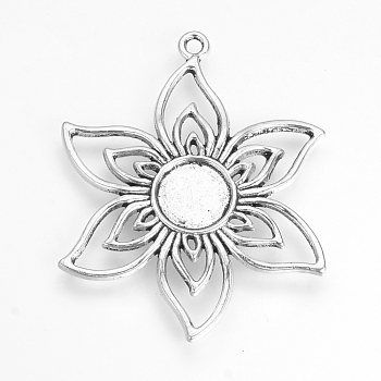 Tibetan Style Alloy Pendant Cabochon Settings, Flower, Cadmium Free & Lead Free, Antique Silver, Tray: 10mm, 47.5x38x2.5mm, Hole: 2mm