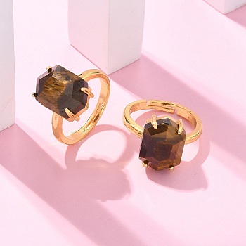 Hexagon Natural Tiger Eye Finger Rings, Golden Tone Brass Cuff Rings, Rack Plating, Long-Lasting Plated, Lead Free & Cadmium Free, Hexagon: 10x14mm, Inner Diameter: 17mm