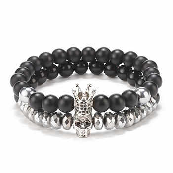 2Pcs 2 Style Synthetic Hematite & Black Stone & Natural Obsidian Stretch Bracelets Set with Cubic Zirconia Skull, Gemstone Jewelry for Women, Platinum, Inner Diameter: 2-3/8 inch(6cm), 1Pc/style