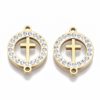 201 Stainless Steel Links connectors, with Polymer Clay Crystal Rhinestone, for Religion, Flat Round with Cross, Golden, 20x15x2.5mm, Hole: 1.6mm