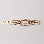 PU Leather & Alloy Rhinestone Watch Band with ABS Imitation Plastic Pearl & Flower Charm, Golden, White, 225x30x12mm(FIND-SZC0007-26A)