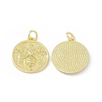 Rack Plating Brass Pendants, Long-Lasting Plated, Lead Free & Cadmium Free, Flat Round with Bee Charm, Real 18K Gold Plated, 19x17x3mm, Hole: 3mm(KK-B065-21G)