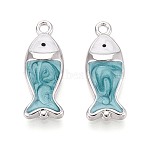 Brass with Enamel Pendants, Fish Charms, Sky Blue, Real Platinum Plated, 21x8x3mm, Hole: 1.6mm(KK-T073-38P)