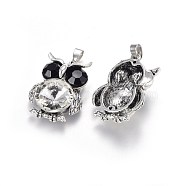 Alloy Pendants, with Glass, Owl, Antique Silver, Clear, 37x26x12mm, Hole: 4x7mm(PALLOY-E531-01B-AS)