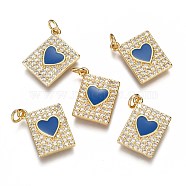 Brass Micro Pave Clear Cubic Zirconia Pendants, Long-Lasting Plated, with Jump Rings & Enamel, Rectangle with Heart, Real 18K Gold Plated, Royal Blue, 16.8x13.7x2.5mm, Hole: 3mm, jump ring: 5x1.8mm.(X-ZIRC-B002-30G-F)
