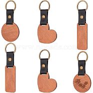 Nbeads 6Pcs 3 Colors Imitation Leather & Wood Keychain, with Iron Findings, Round & Heart & Rectangle, Camel, 10.1~11.9cm, 2pcs/style(KEYC-NB0001-48)