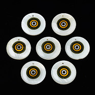 Printed Freshwater Shell Charms, with Enamel, Flat Round, Olive Drab, 17.5~18.5x2.5~3.5mm, Hole: 1.2mm(SHEL-T009-20A)