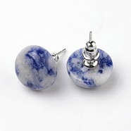 Half Round Dome Natural Blue Spot Jasper Stud Earrings, with Platinum Plated Brass Findings, 18mm, Pin: 0.8mm(EJEW-L171-04)