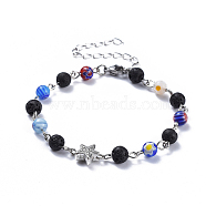 Natural Lava Rock Bead Bracelets, with Alloy Findings, Millefiori Glass Round-Single Flower Bead and Brass Curb Chains, Starfish/Sea Stars, Colorful, 7-5/8 inch(19.5cm)(BJEW-JB04425)