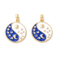Rack Plating Brass Micro Pave Clear Cubic Zirconia Pendants, with White & Blue Enamel, Cadmium Free & Nickel Free & Lead Free, Flat Round with Sun, Real 18K Gold Plated, 20.5x18x2mm, Hole: 4.5x2mm(KK-D073-16G)