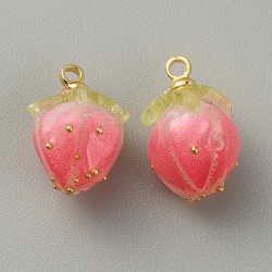 Opaque Acrylic Charms, with Golden Plated Brass Finding, Strawberry, Deep Pink, 14x10x9.5mm, Hole: 1.5mm(MACR-WH0007-80F)