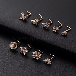 316L Surgical Stainless Steel White Cubic Zirconia L-Shaped Nose Rings, Flower, Rose Gold, 7mm, Pin: 0.8mm(WG135CD-09)