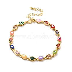 Enamel Evil Eye & Glass Oval Link Chain Bracelet, Golden Brass Jewelry for Women, Colorful, 7-1/4 inch(18.3cm)(BJEW-G663-01G-01)