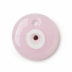 Handmade Evil Eye Lampwork Pendants, Flat Round Charms, Pearl Pink, 30x5.5mm, Hole: 4mm(X-LAMP-G153-02A)