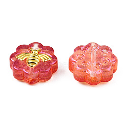 Transparent Spray Painted Glass Beads, with Glitter Powder and Golden Plated Brass Findings, Flower with Bees, Tomato, 12x12x5mm, Hole: 1mm(LAMP-N032-03-A07)