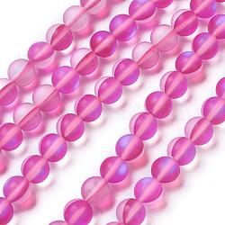 Synthetic Moonstone Beads Strands, Holographic Beads, Half AB Color Plated, Frosted, Round, Magenta, 8mm, Hole: 1mm, about 46pcs/strand, 15 inch(G-F142-8mm-06)
