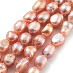 Natural Cultured Freshwater Pearl Beads Strands, Two Sides Polished, Grade 3A+, Coral, 7~8mm, Hole: 0.6mm, about 20~22pcs/strand, 7.28''(18.5cm)(PEAR-P062-28C)