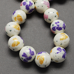 Handmade Printed Porcelain Beads, Round, Mauve, 12mm, Hole: 2mm(PORC-Q199-12mm-11)