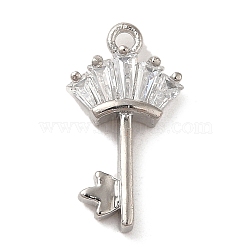 Brass Cubic Zirconia Pendents, Long-Lasting Plated, Key with Crown, Platinum, 16.5x8.5x3mm, Hole: 1.2mm(KK-M275-26P)