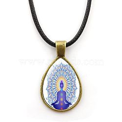 Yoga Theme Alloy Teardrop Pendant Necklace with Wax Rope for Women, Sky Blue, 16.93 inch(43cm)(CHAK-PW0001-007J)