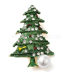 Christmas Alloy Enamel Pins, Crystal Rhinestone Christmas Tree Brooches with Resin Pearl, Green, 47.5x33mm(JEWB-U009-11)