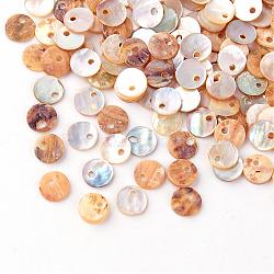 Natural Akoya Shell Charms, Mother of Pearl Shell Pendants, Flat Round, Camel, 6x1mm, Hole: 1mm(SHEL-Q008-13)