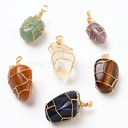 Natural Gemstone Pendants, Wire Wrapped Pendants, with Golden Plated Copper Wire, Nuggets, 32~40x15~22mm, Hole: 3mm(PALLOY-JF00507)
