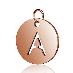 304 Stainless Steel Charms, Flat Round with Letter, Rose Gold, Letter.A, 12x1mm, Hole: 2.5mm(STAS-S105-T514R-A)