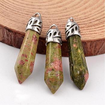 Bullet Natural Unakite Pendants, with Platinum Tone Alloy Findings, 33~40x8~10mm, Hole: 3x2mm