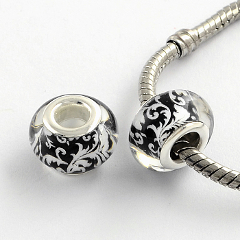 Large Hole Resin European Beads, with Platinum Tone Brass Double Cores, Rondelle, White, 14x9mm, Hole: 5mm