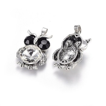 Alloy Pendants, with Glass, Owl, Antique Silver, Clear, 37x26x12mm, Hole: 4x7mm