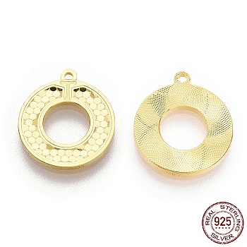 925 Sterling Silver Pendants, Donut Charms, Nickel Free, with S925 Stamp, Real 18K Gold Plated, 15x13x1mm, Hole: 1mm