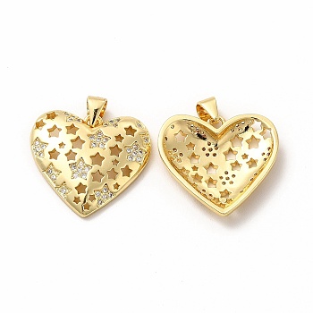 Rack Plating Brass Micro Pave Cubic Zirconia Pendants, Heart with Hollow Star Charm, Real 18K Gold Plated, 20x21.5x4mm, Hole: 5x3.5mm