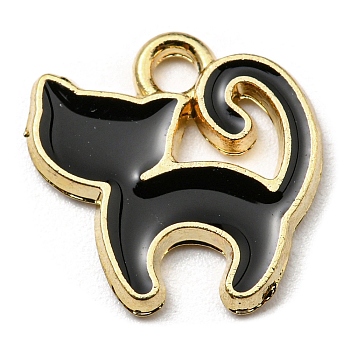 Alloy Charms, with Enamel, Golden, Cadmium Free & Nickel Free & Lead Free, Cat Shape Charms, Black, 13x13x1.5mm, Hole: 1.8mm