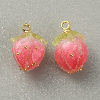 Opaque Acrylic Charms, with Golden Plated Brass Finding, Strawberry, Deep Pink, 14x10x9.5mm, Hole: 1.5mm