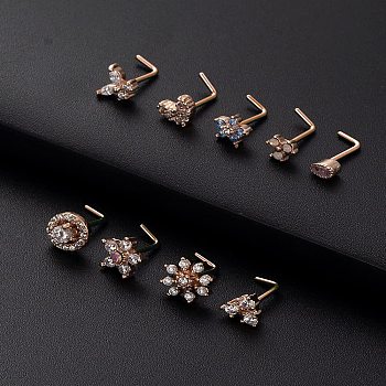 316L Surgical Stainless Steel White Cubic Zirconia L-Shaped Nose Rings, Flower, Rose Gold, 7mm, Pin: 0.8mm