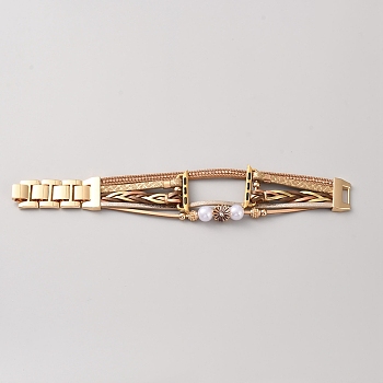 PU Leather & Alloy Rhinestone Watch Band with ABS Imitation Plastic Pearl & Flower Charm, Golden, White, 225x30x12mm