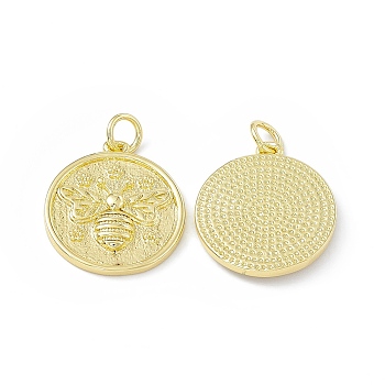 Rack Plating Brass Pendants, Long-Lasting Plated, Lead Free & Cadmium Free, Flat Round with Bee Charm, Real 18K Gold Plated, 19x17x3mm, Hole: 3mm